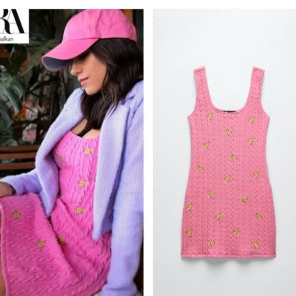ZARA Floral Embroidery Cable Knit Mini Tank Dress - Picture 3 of 9